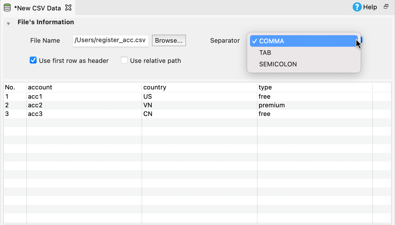 Data file editor in Katalon Studio