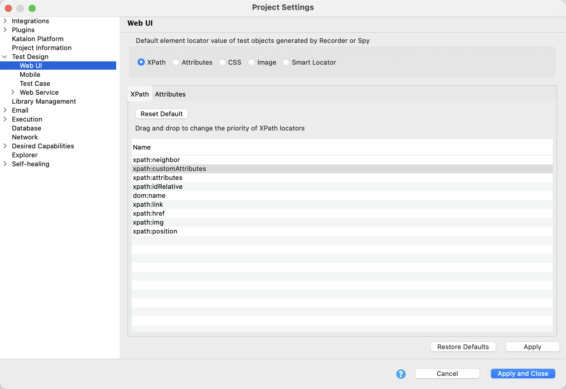 change Xpath Locators priority in Katalon Studio project settings