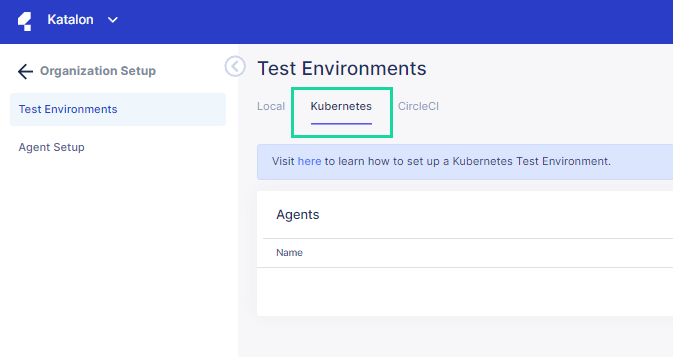 The Kubernetes tab within the Test Environments section.