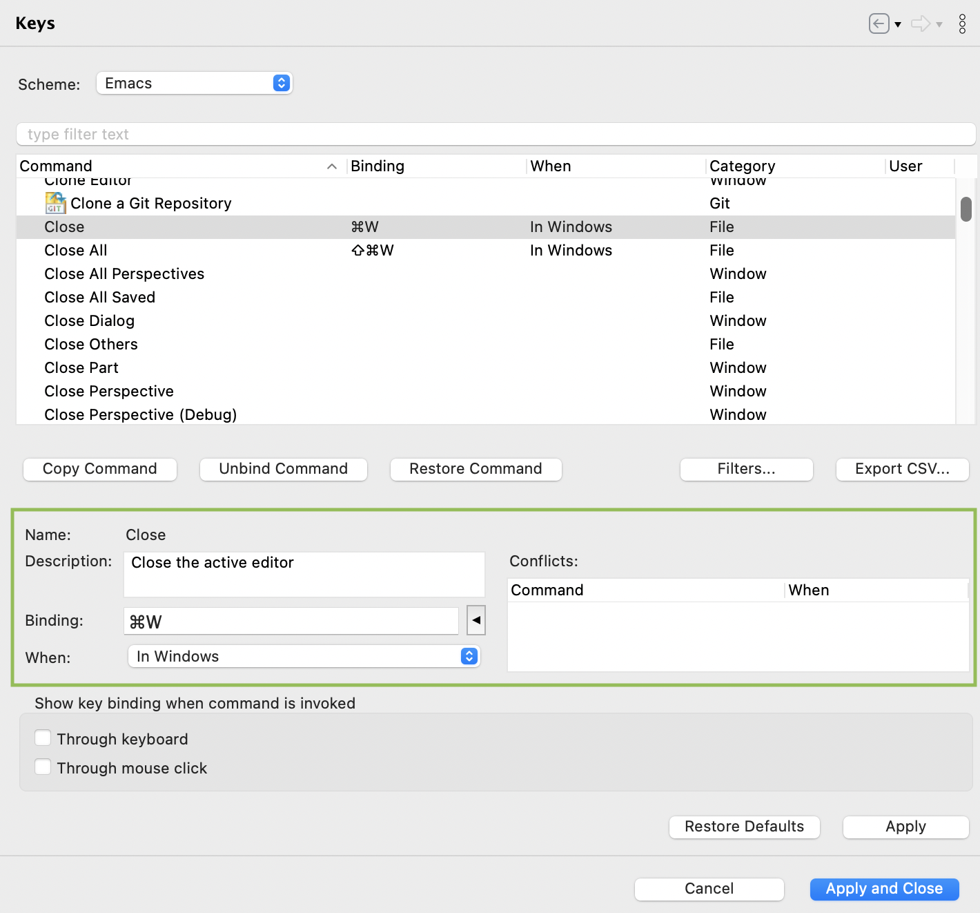 configure key binding