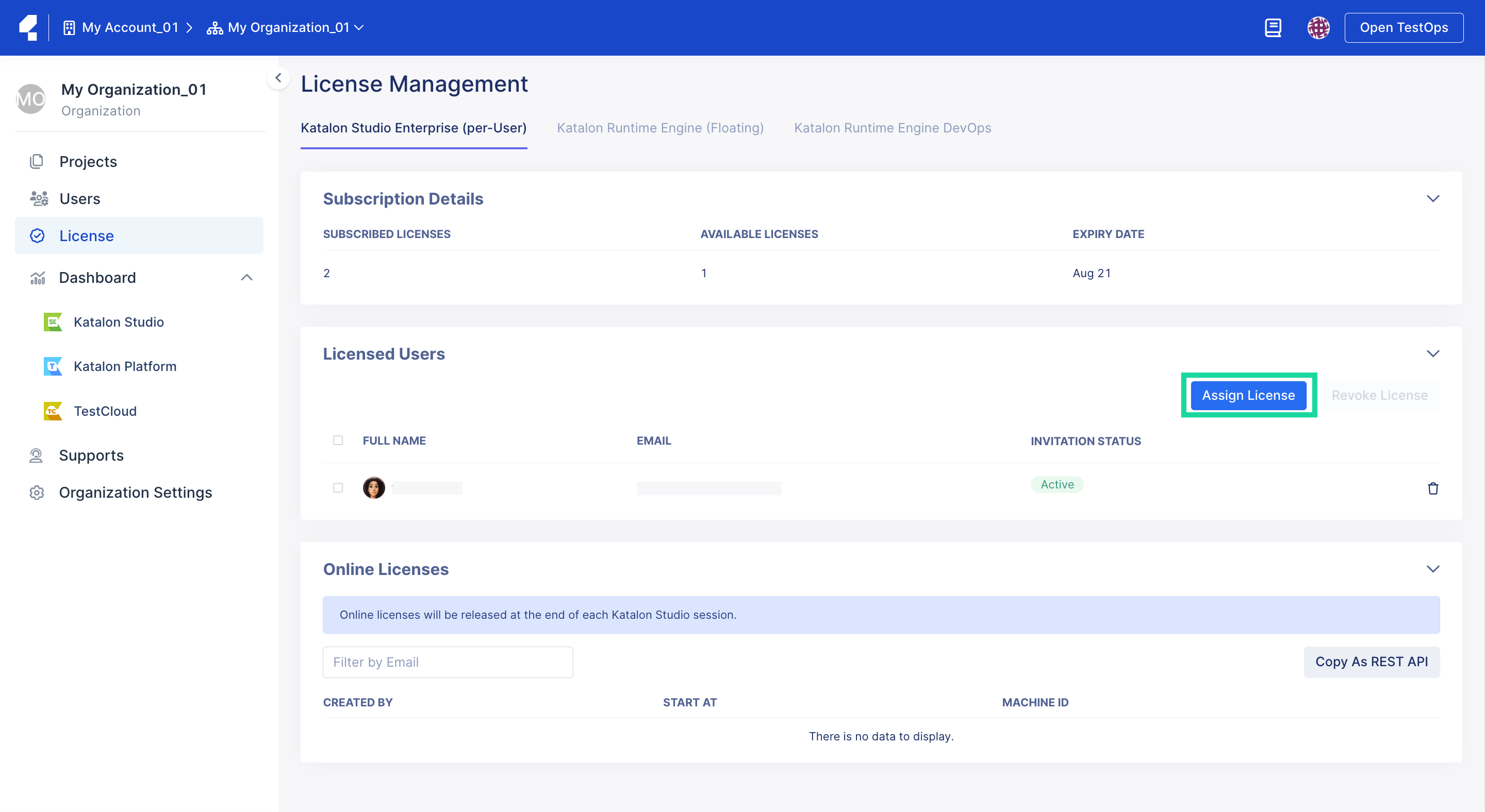 The license management page in Katalon Platform