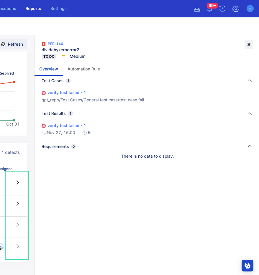 Defects report drawer showing the Overview tab.