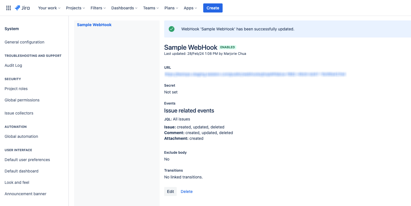 The Jira WebHook is created successfully.