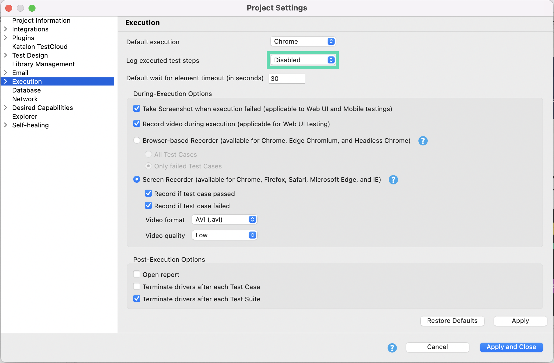 disable Log executed test steps