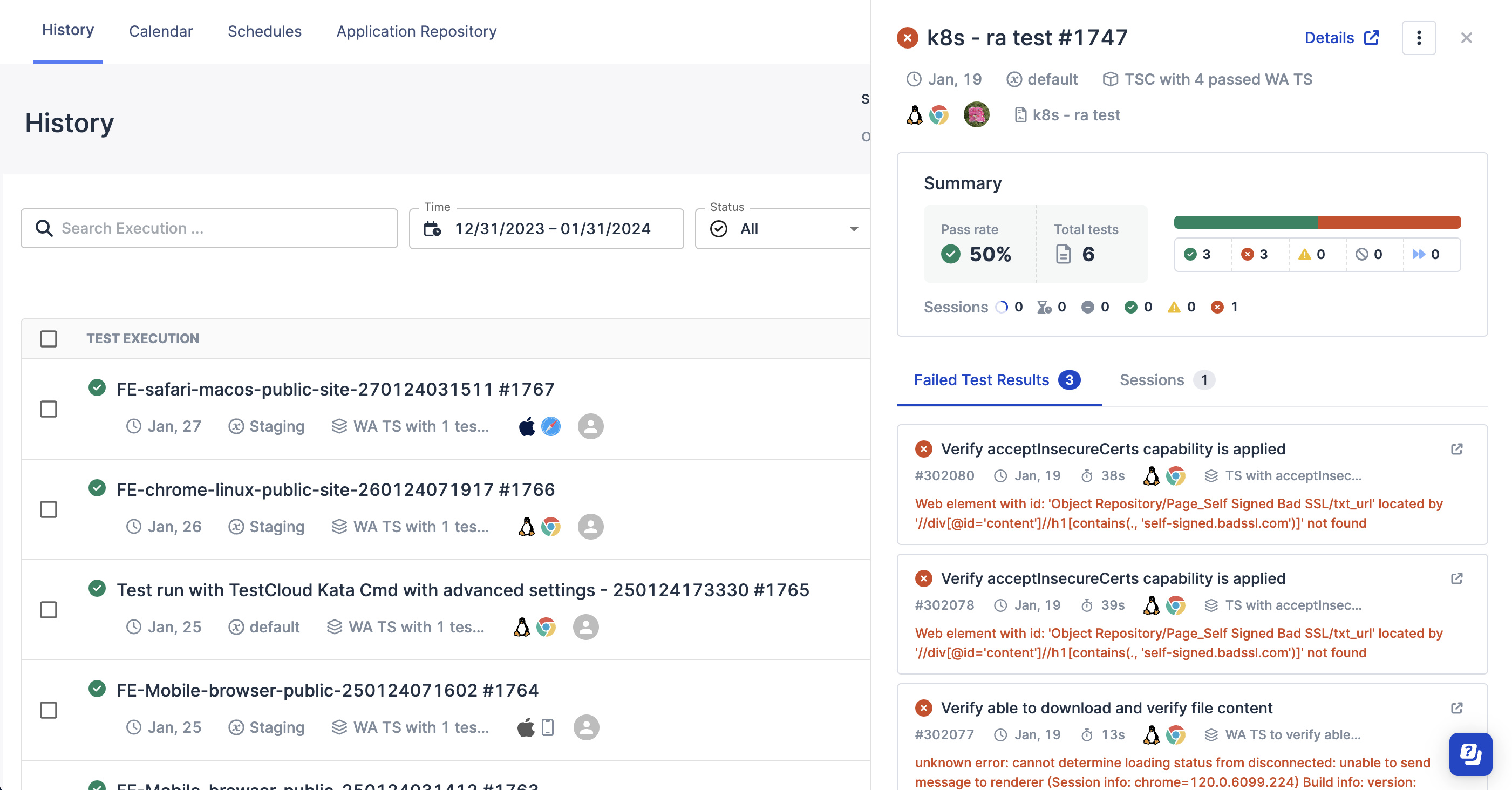 Execution history test run summary