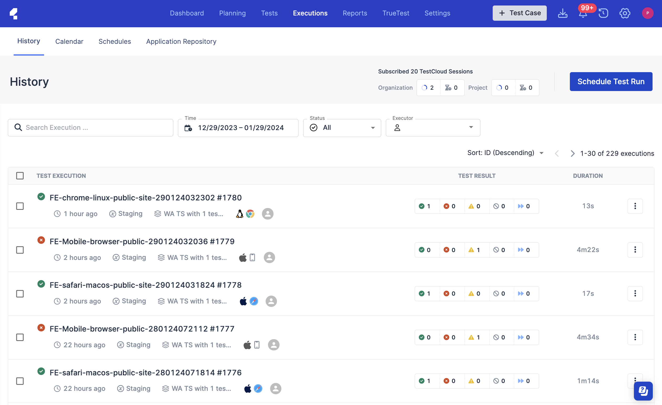 TestOps execution history page