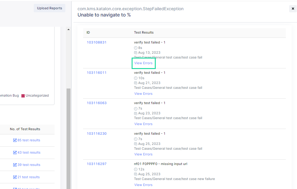 Click View Errors to see the error log of a selected failed test result.