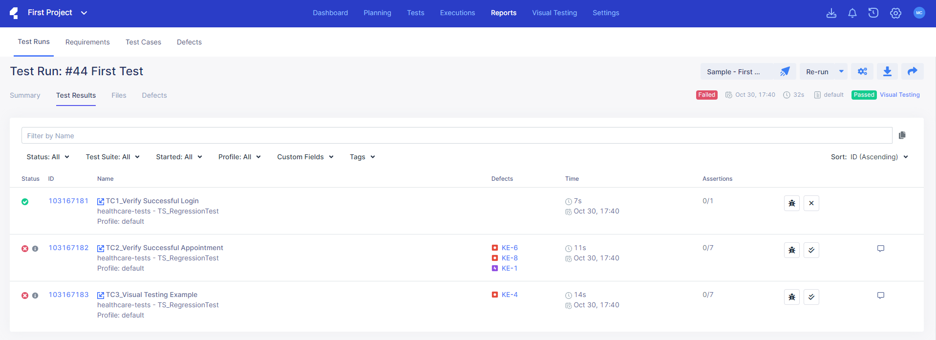 The Test Results page in Katalon TestOps.