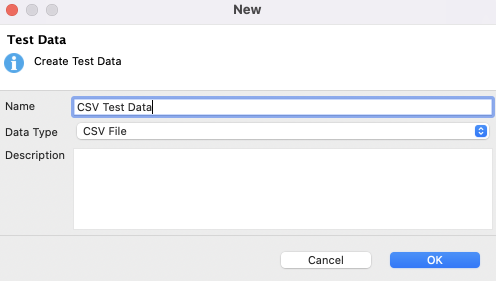 The new test data dialog in Katalon Studio