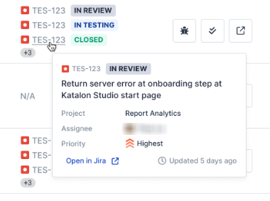 Hover over a linked defect to peek at its details quickly.