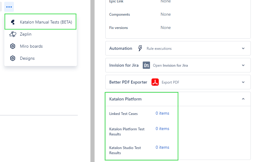 The Katalon Test Automation plugin in a Jira project.