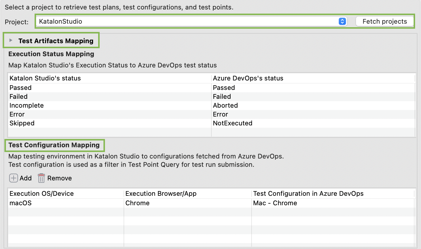 Map test artifacts section