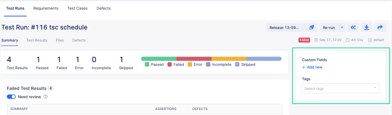 Test result custom fields and tags