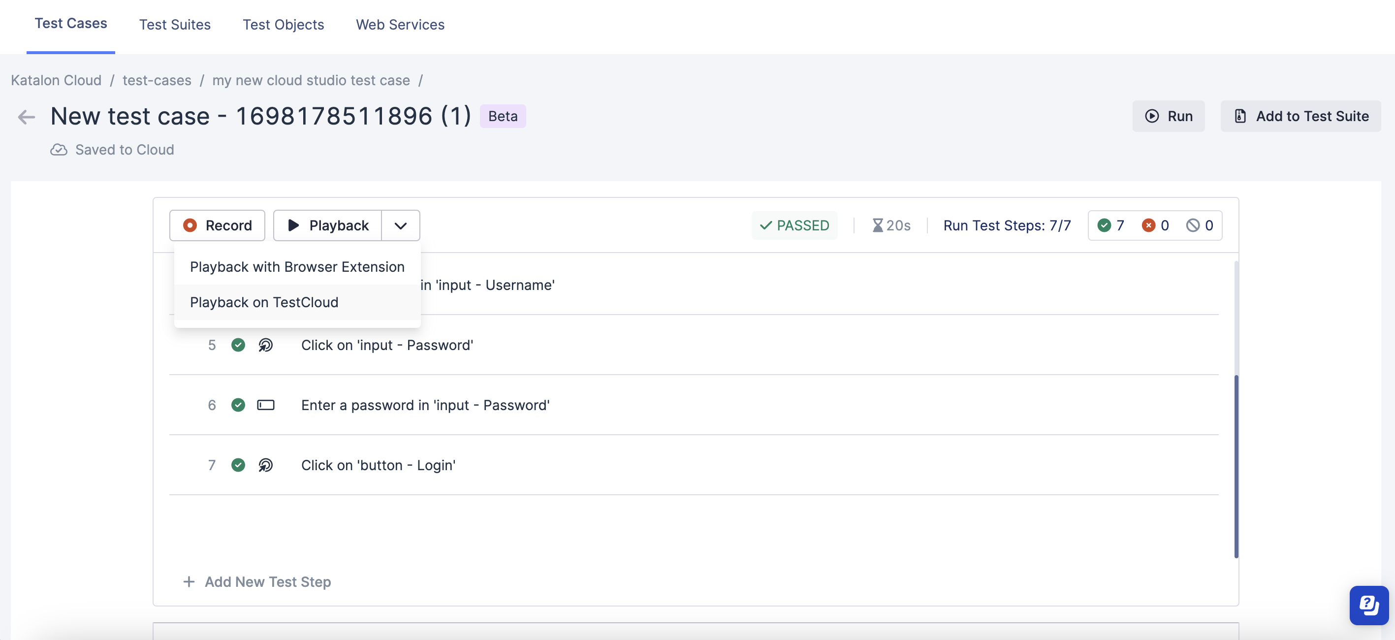 Click dropdown and select Playback with TestCloud.