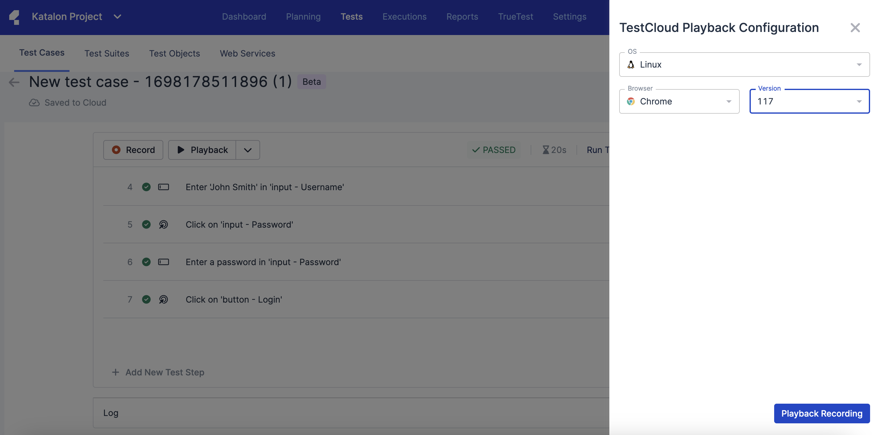 Configure your TestCloud Playback and click Playback Recording to proceed.