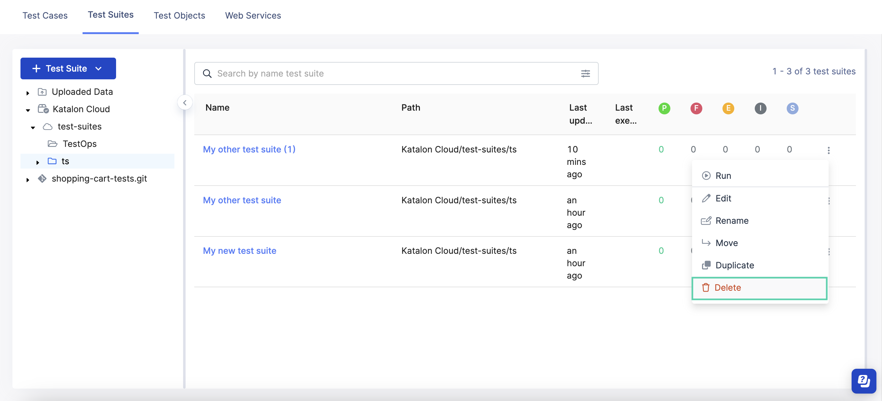 Click Delete to delete test suite.