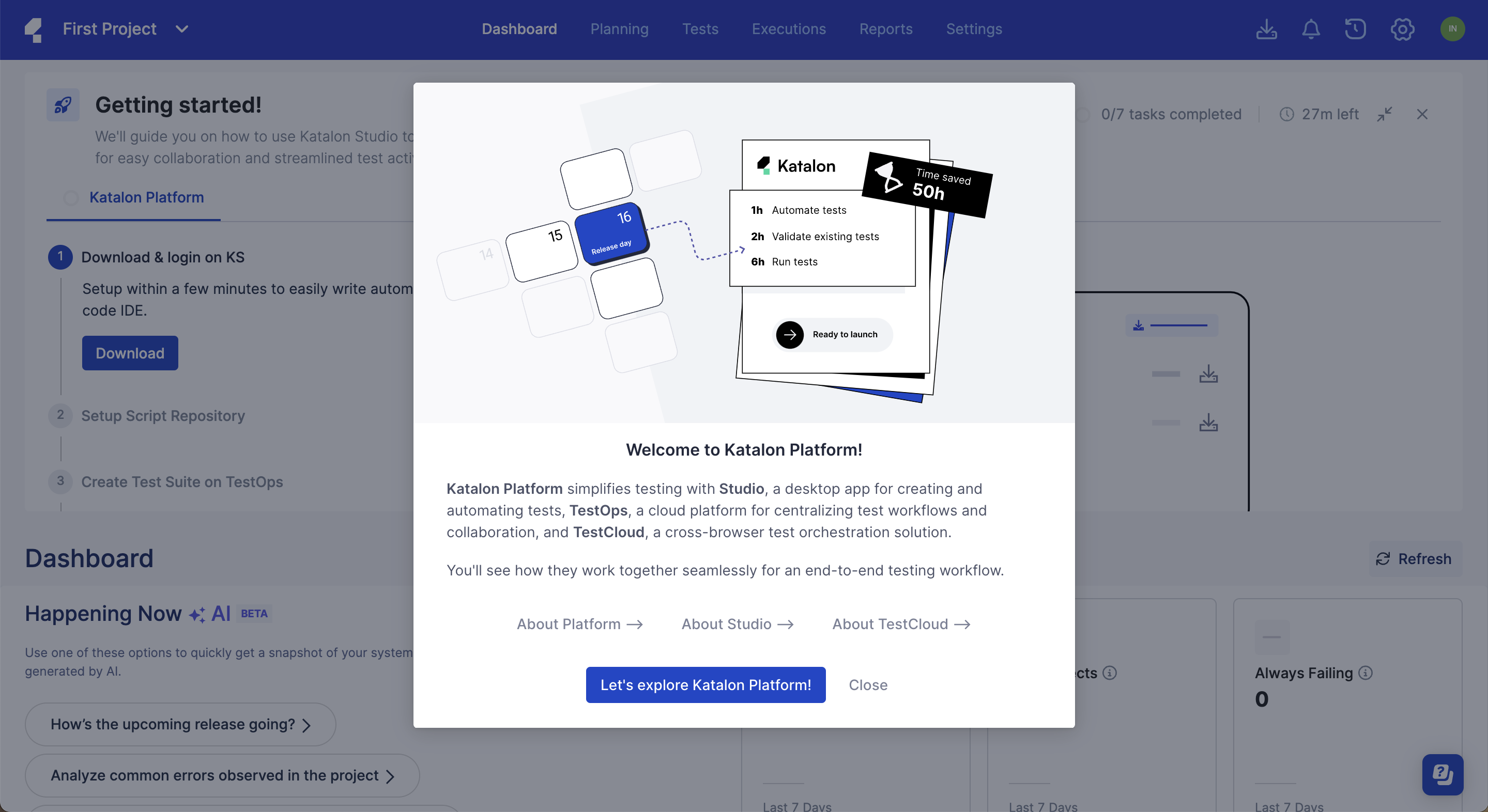 The Katalon Platform dashboard.