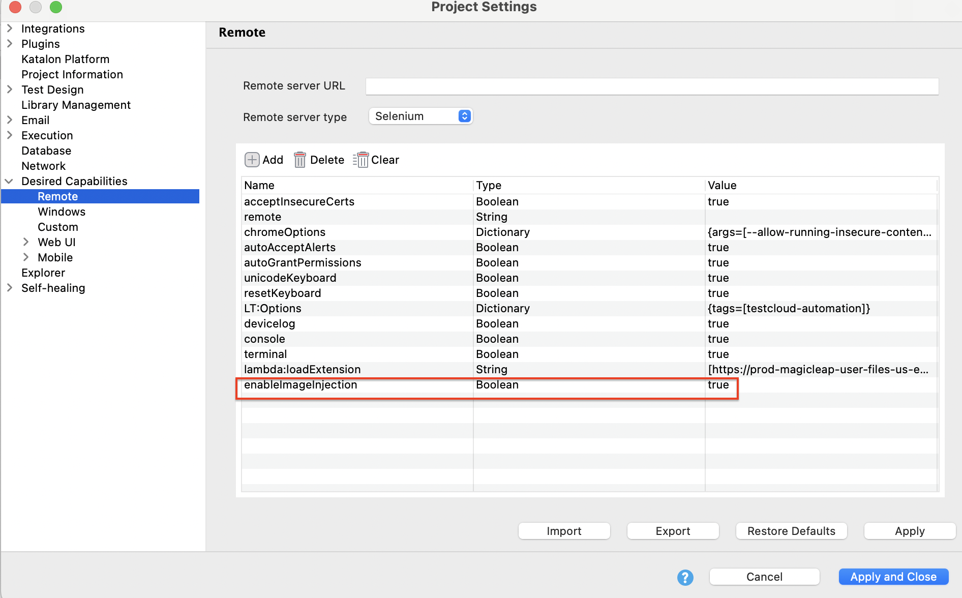 Katalon Studio, Project Settings, Desired Capabilities