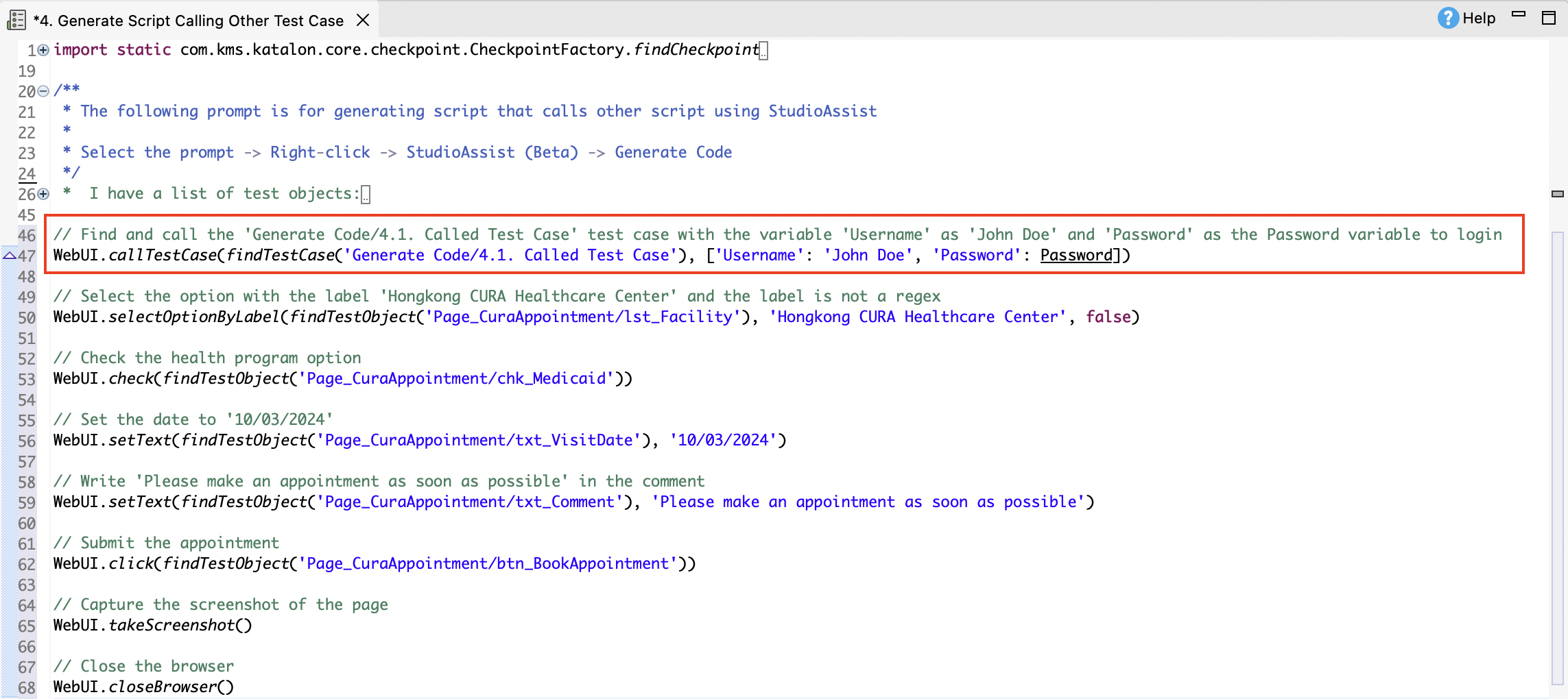 The generated code with a Call test case step in Katalon Studio.