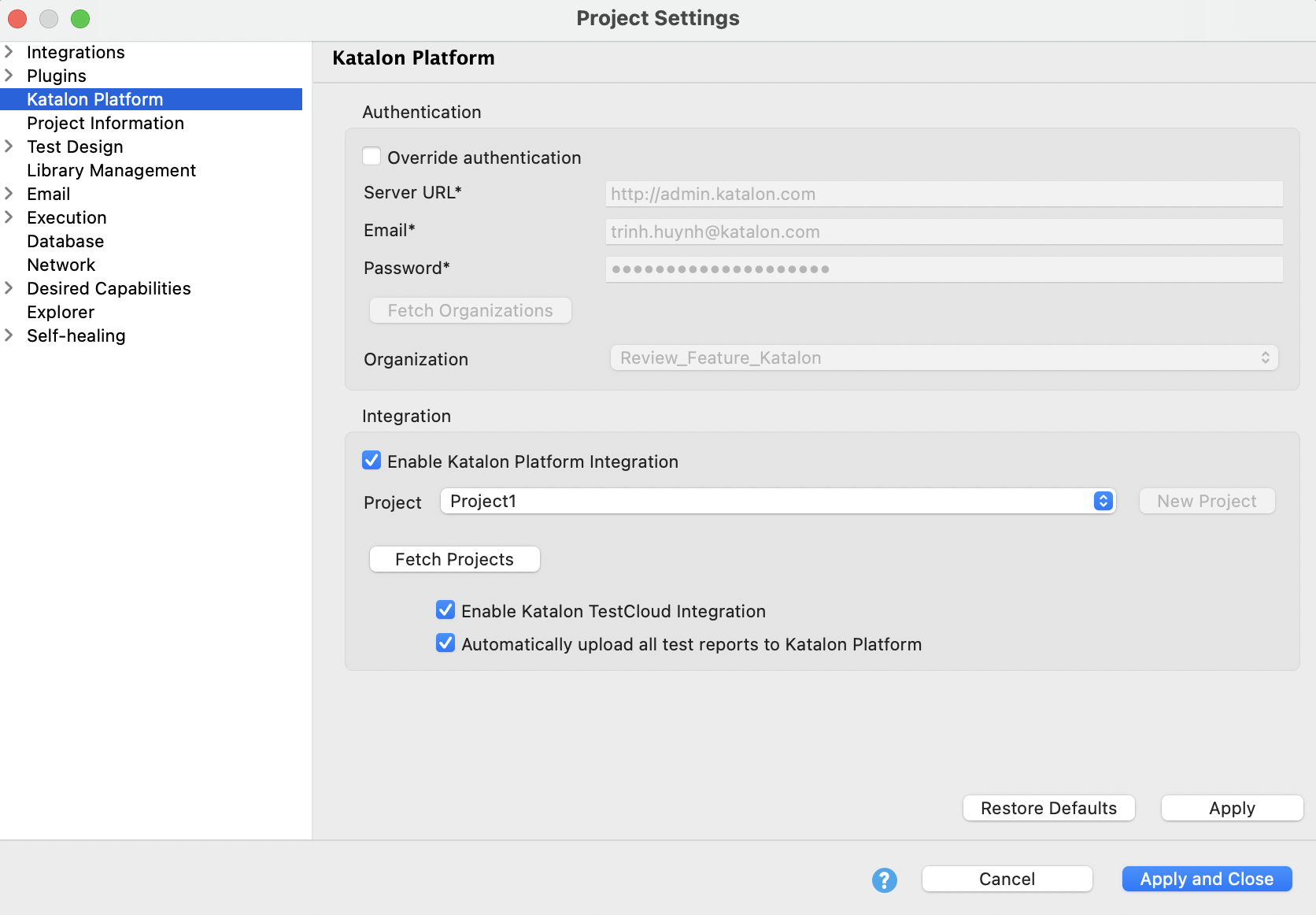 Katalon Platform integration in Project Settings.