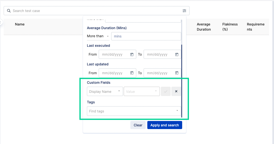 search test case by custom fields and tags