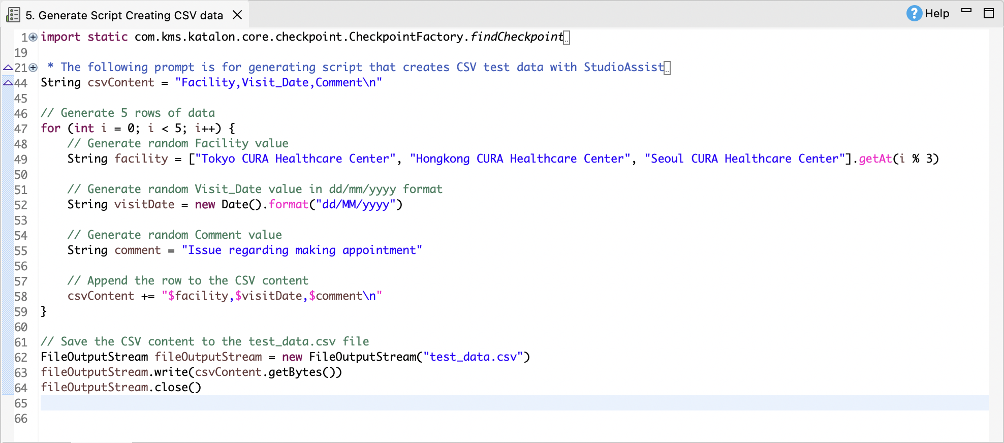 The test script that creates a CSV data file generated by StudioAssist