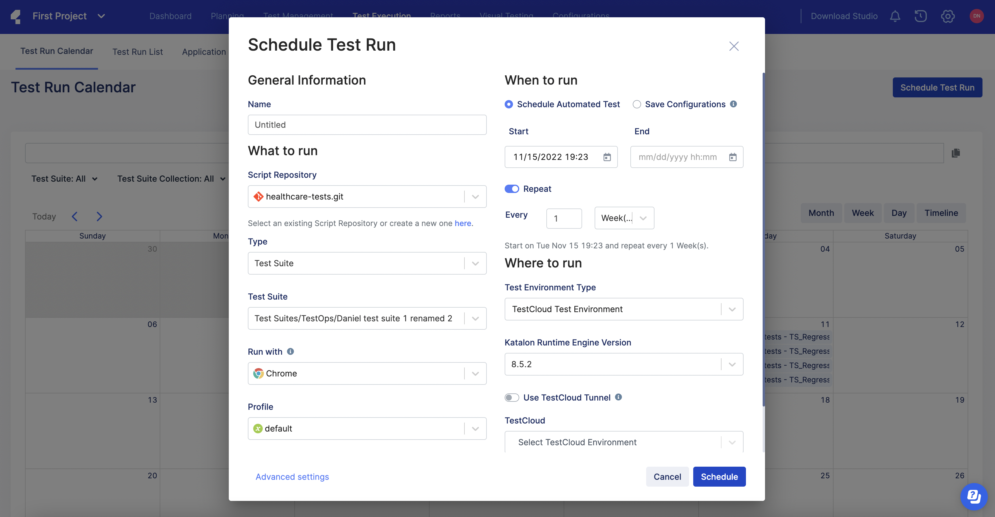 TestOps schedule test run pop-up