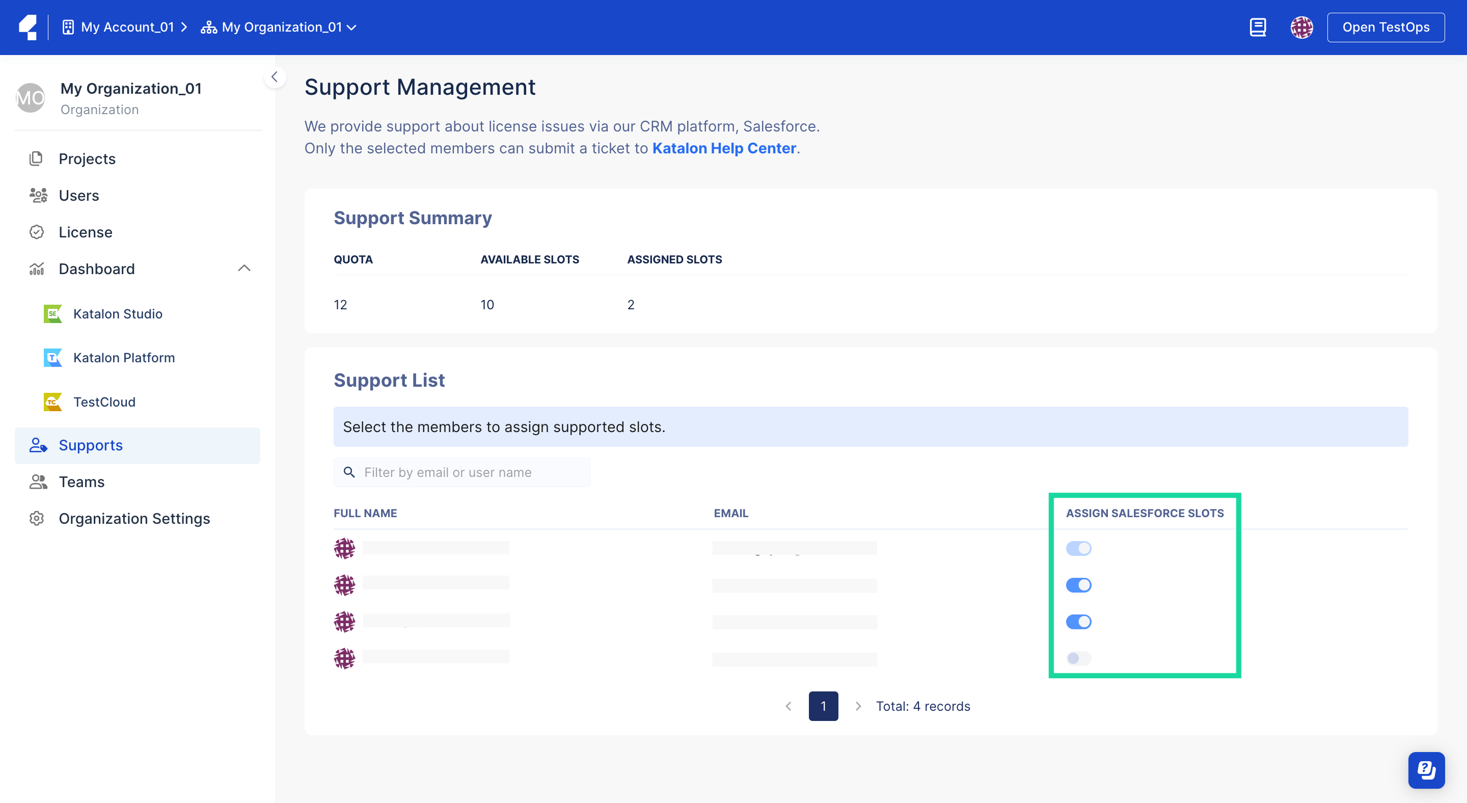 Support Management page