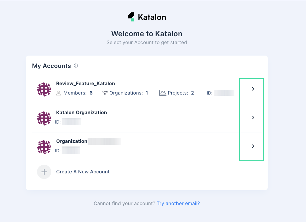 The Katalon accounts page.