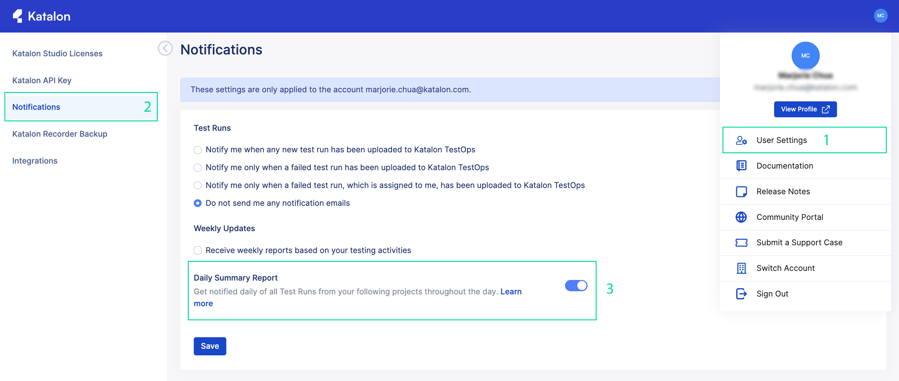 Toggle the daily summary report feature from user settings.