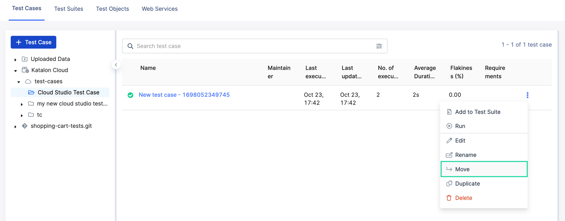 Click Move to move your test case to a new file folder location in Katalon Cloud.