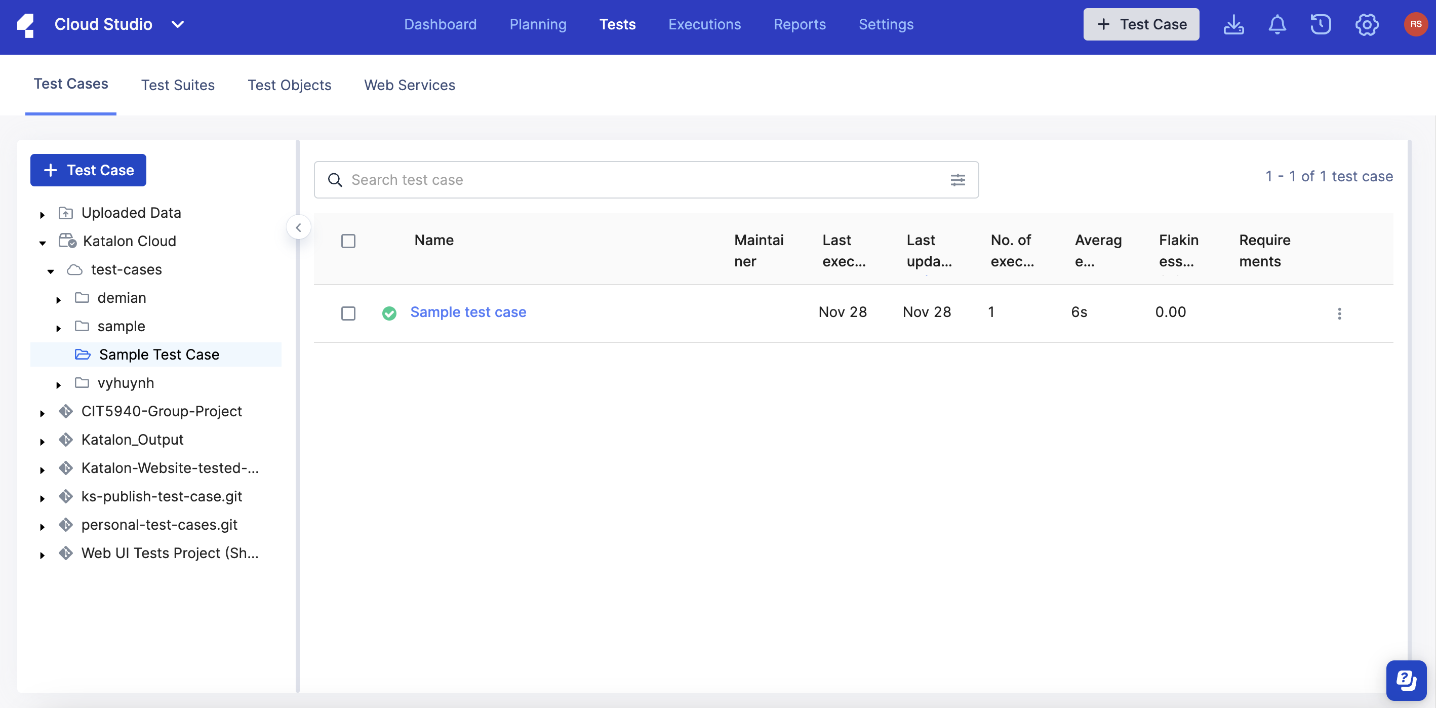 Navigate to Tests > Katalon Cloud > Sample Test Case folder to find the sample test case.