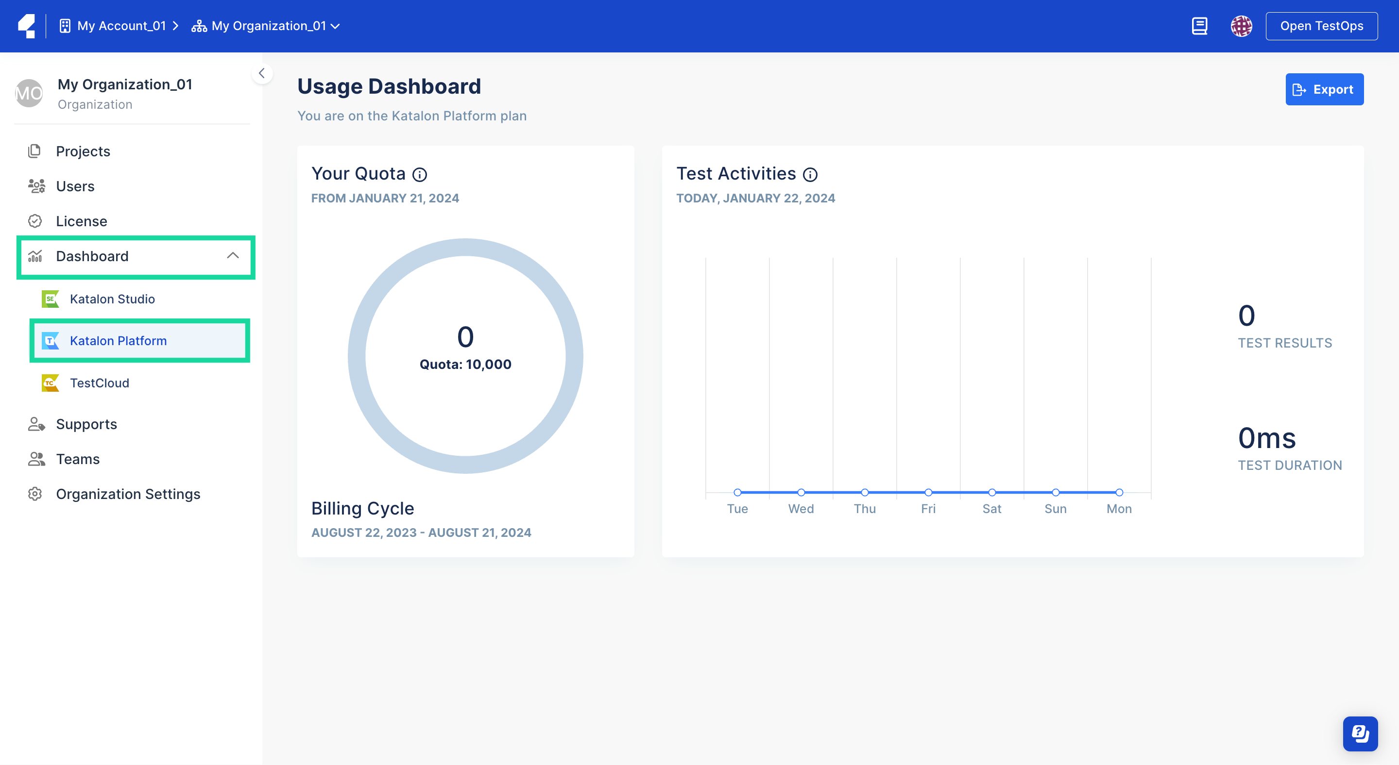 Katalon Platform usage dashboard