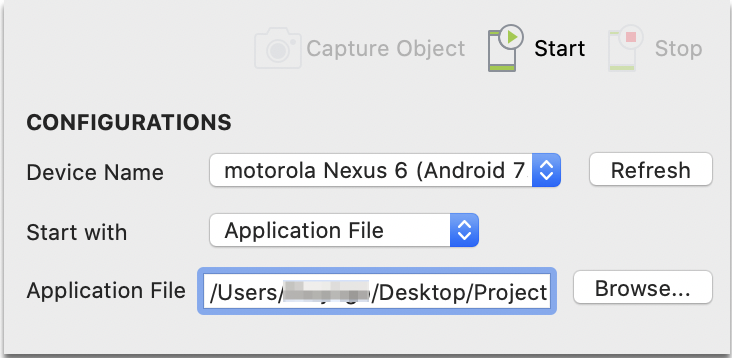 In the Configurations section, select the Device Name, Application File, and locate then select the application file name from your local computer.