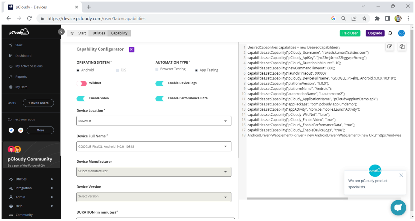 pCloudy capability configurator