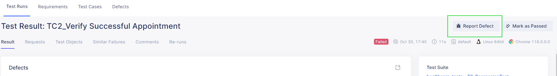 Click on the Report Defect Button at the test result's page.