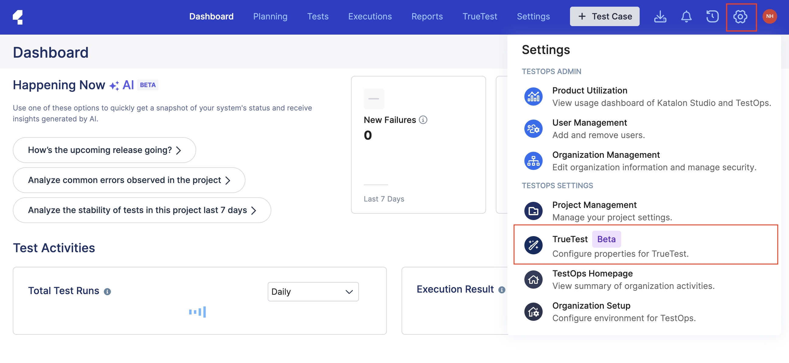 TestOps Settings > TrueTest