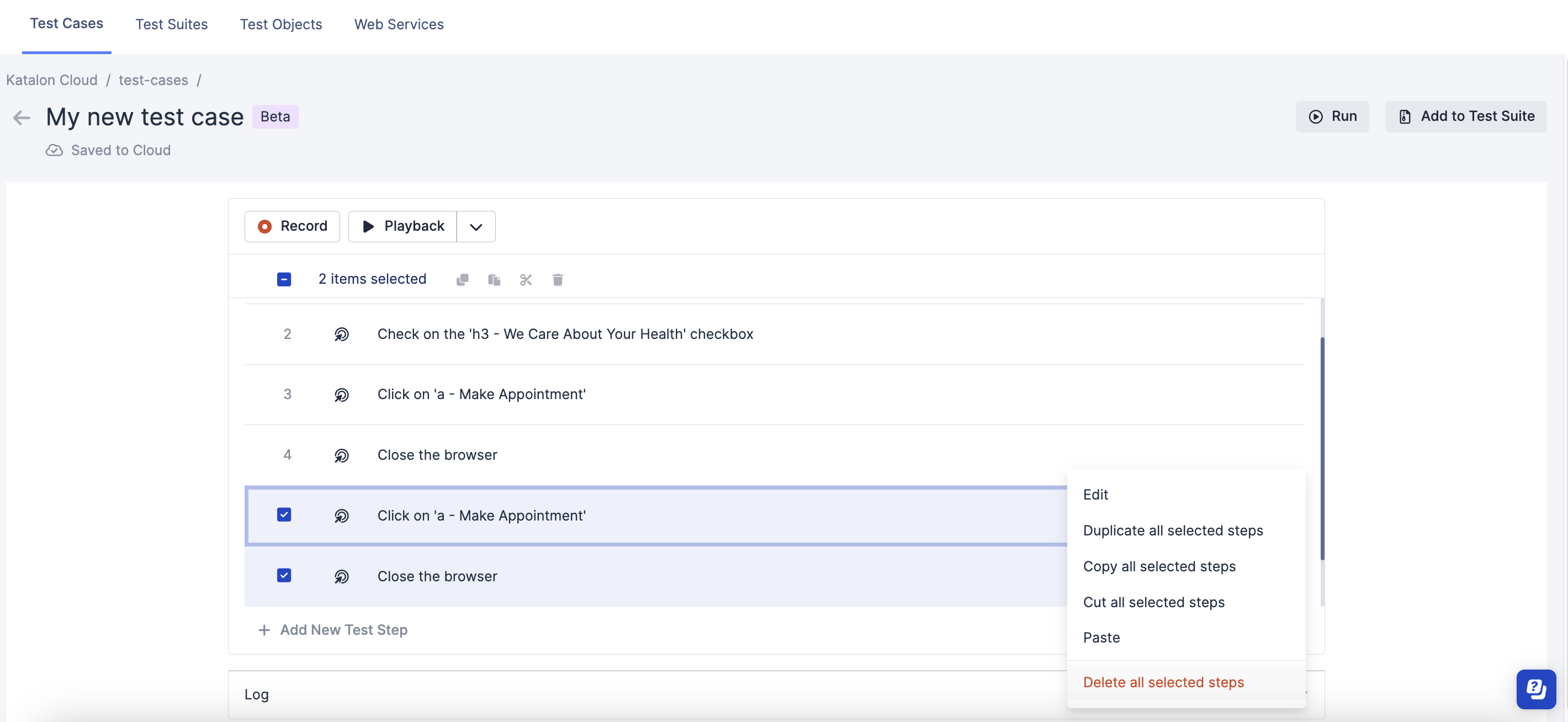 Click Delete all selected test steps.