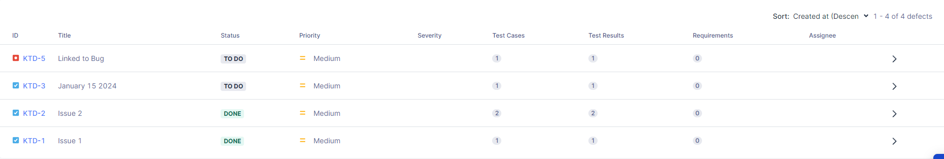 List of defects in the Defects page.