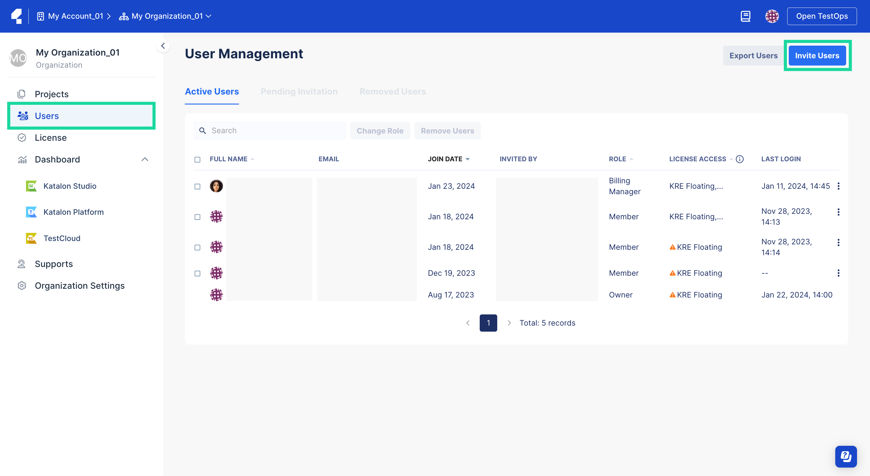 View the user management menu in Katalon TestOps