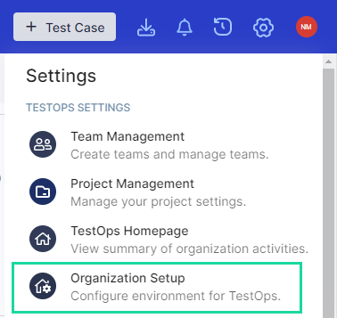 Organization setup within the TestOps settings menu.