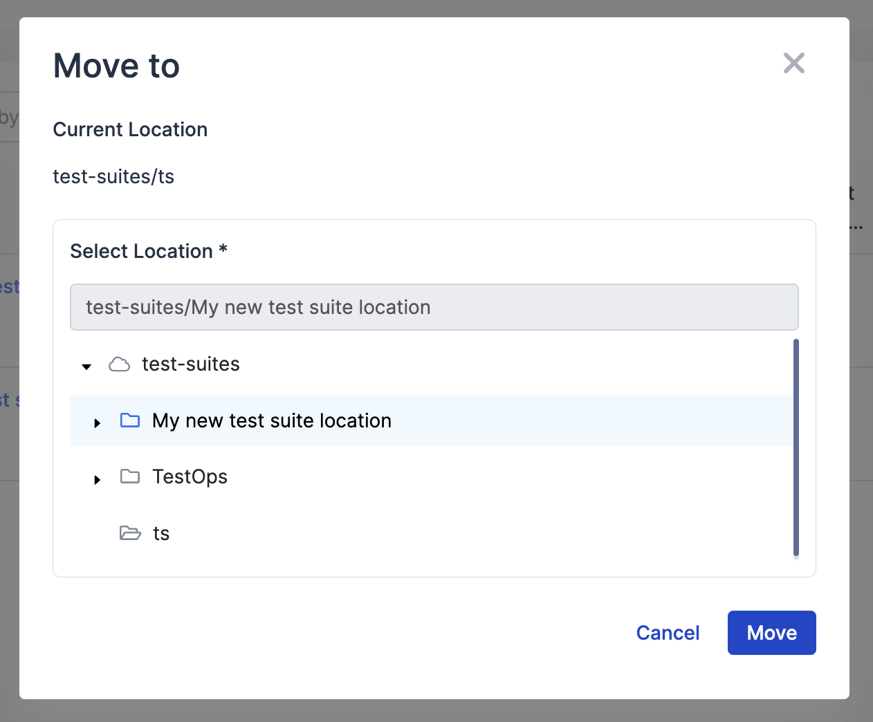 Select folder location in Katalon Cloud.