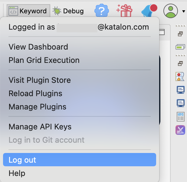 The profile button and log out option in Katalon Studio.