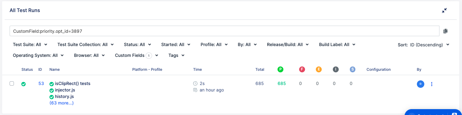 test result custom field and tags query result