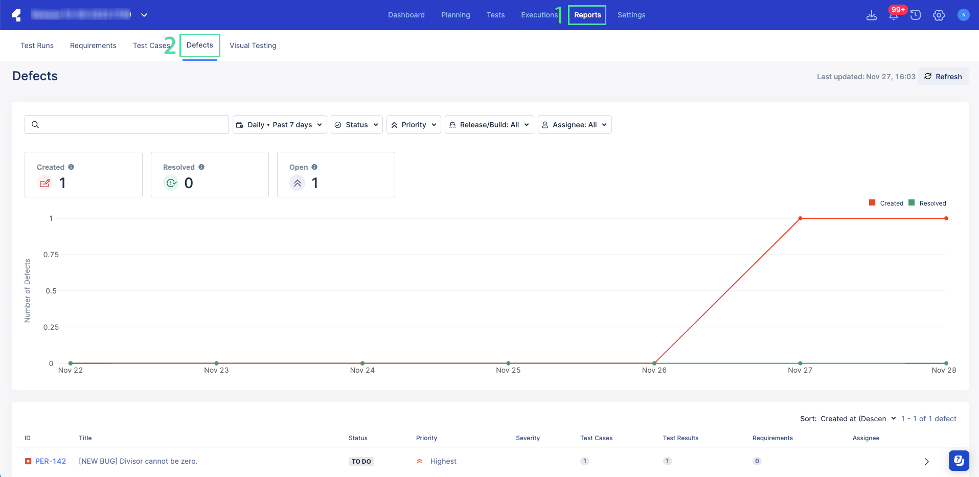 The Defects page within the Reports section of Katalon TestOps