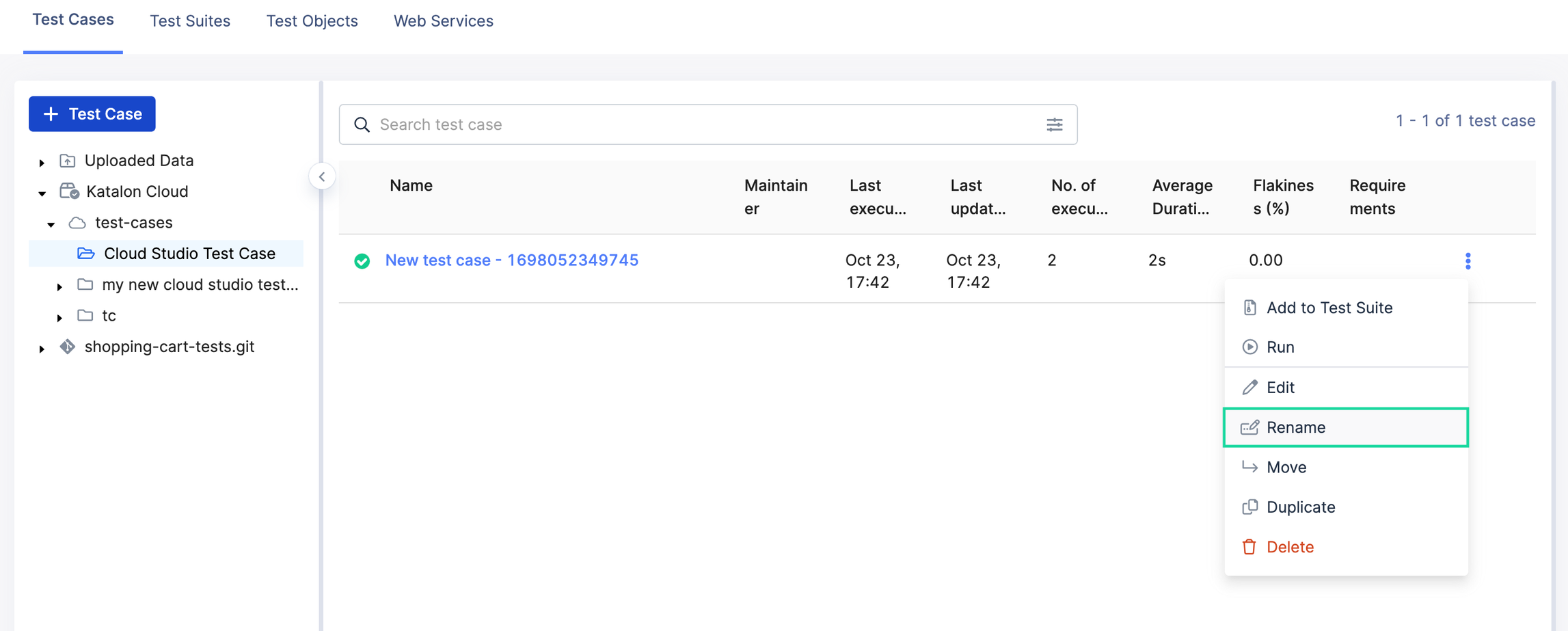 Click Rename to provide a new name for your selected test case.